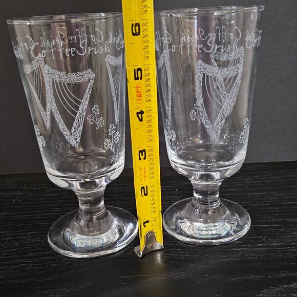 Eamon Irish Coffee Glass Set Pair Stemmed Etched Harp Shamrock Hand Etched - Picture 5 of 8